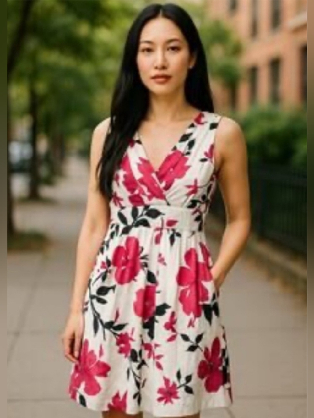 Corey P. Sleeveless V-Neck White, Pink and Black Floral Print A-Line Dress
